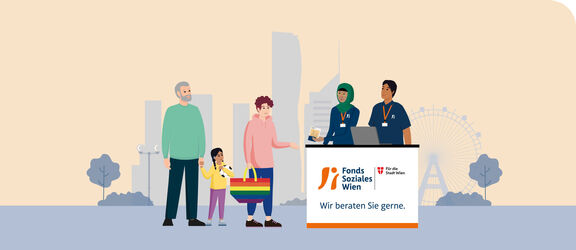 Beratungssituation am Stand des FSW; Illustration Skyline: gettyimages/Greens87